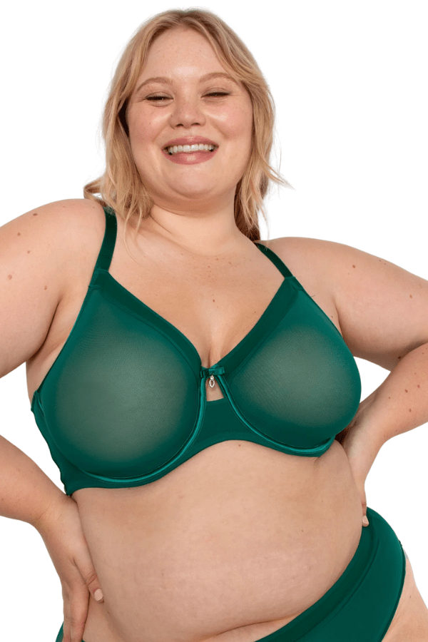 Curvy Couture Plunge Sheer Mesh Unlined Underwire Bra - Emerald