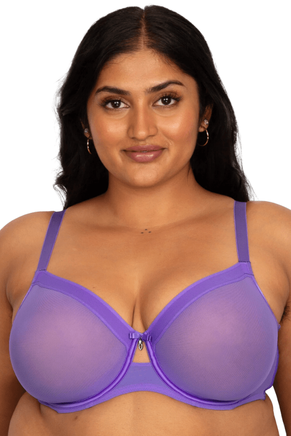 Curvy Couture Plunge Sheer Mesh Unlined Underwire Bra - Violet