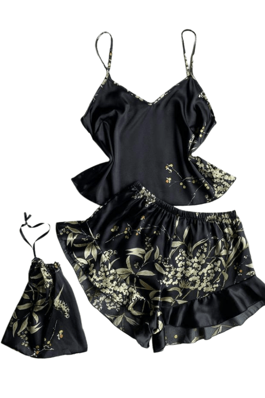 Satin Print Pajama Set - Black Cherry