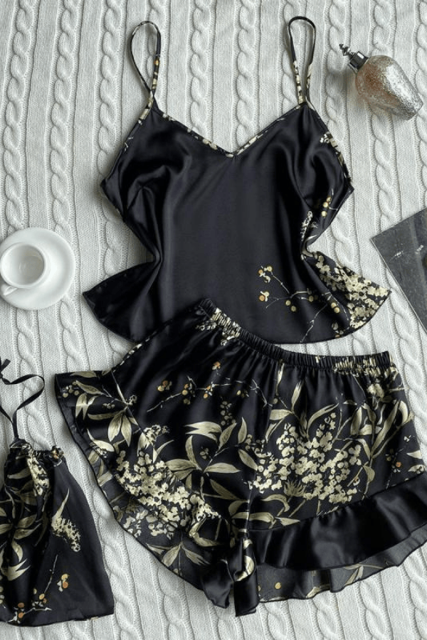 Faire Pajama Set Satin Print Pajama Set - Black Cherry