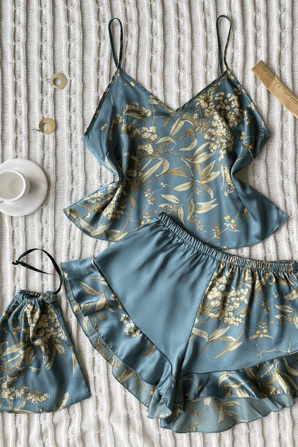 Faire Pajama Set Satin Print Pajama Set - Green Cherry