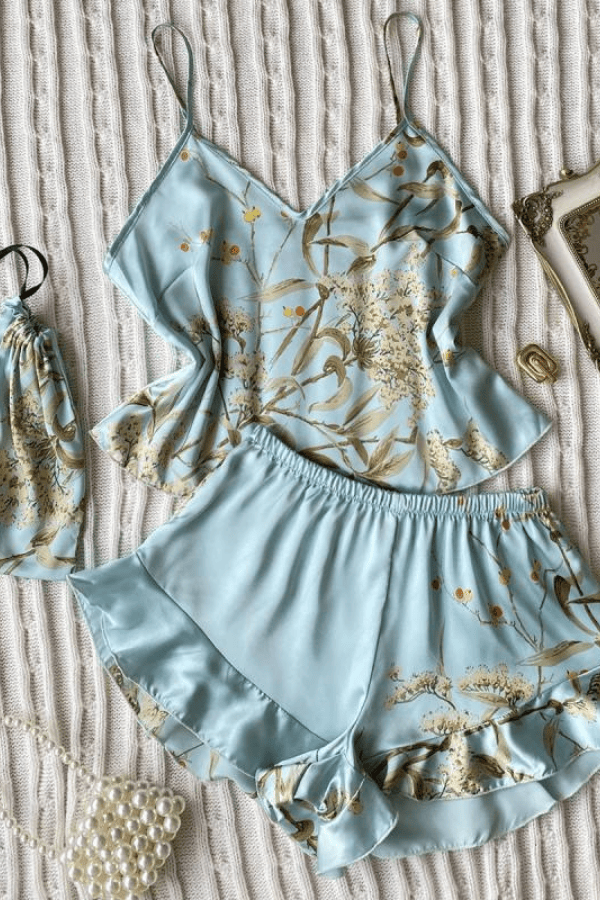 Faire Pajama Set Satin Print Pajama Set - Light Green Cherry