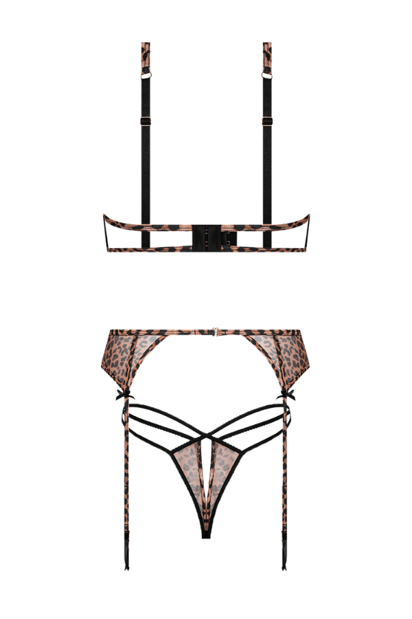 House of Desire Alia Leopard Mesh Bra, Garter, & Backless Panty Set