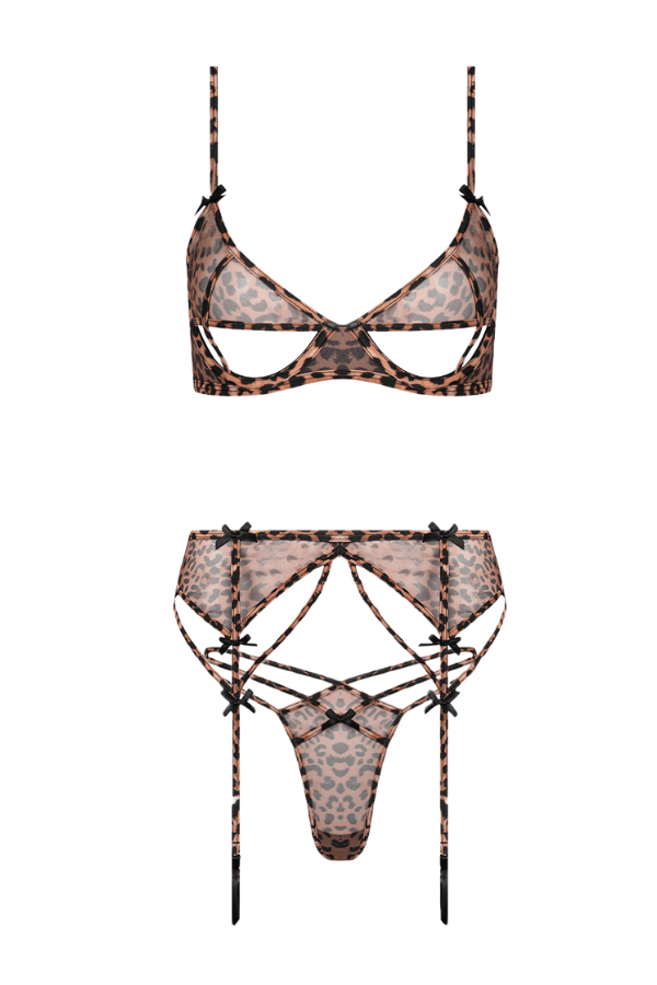 House of Desire Alia Leopard Mesh Bra, Garter, & Backless Panty Set
