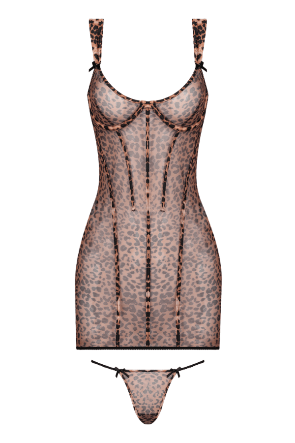 House of Desire Alia Leopard Mesh Underwire Chemise & G-String Set