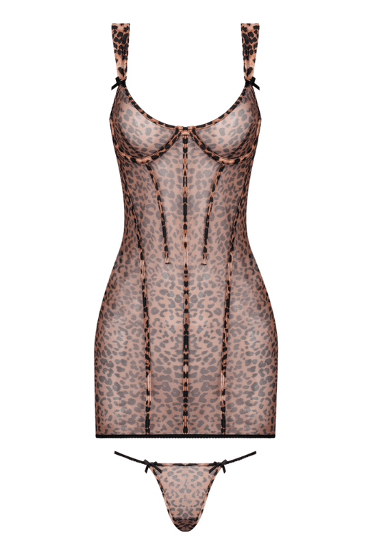 Alia Leopard Mesh Underwire Chemise & G-String Set