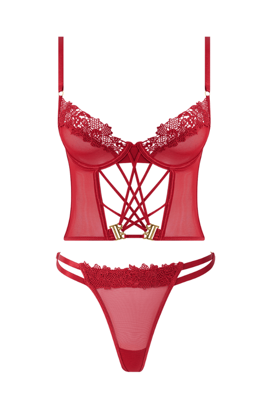 Ashley Alexiss Lace Bustier & G-String Set - Crimson Red
