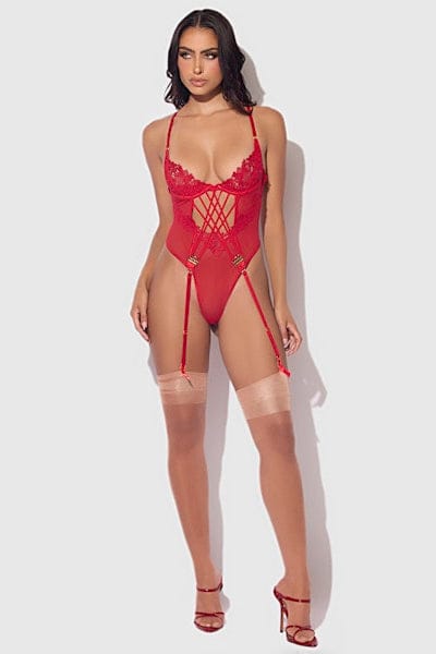 House of Desire Ashley Alexiss Lace Teddy - Crimson Red
