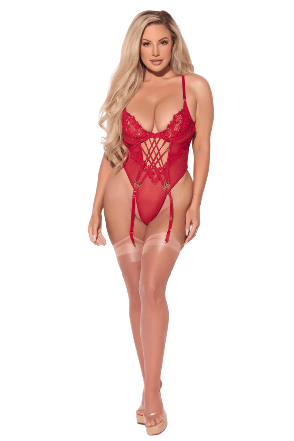House of Desire Ashley Alexiss Lace Teddy - Crimson Red
