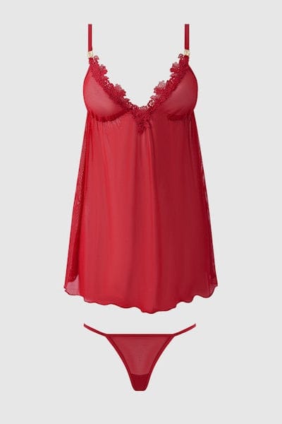 House of Desire Babydoll Ashley Alexiss Lace & Mesh Babydoll & G-String Set Red