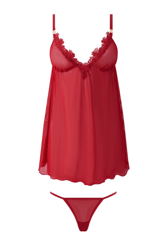 Ashley Alexiss Lace & Mesh Babydoll & G-String Set Red