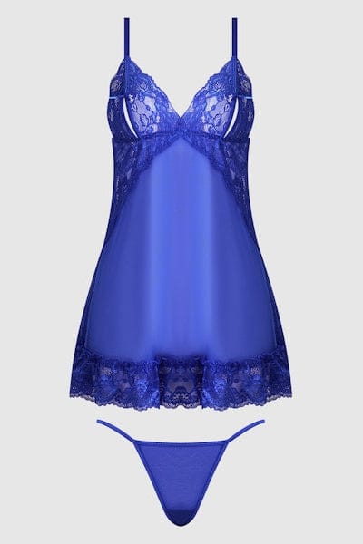 House of Desire Babydoll Harlow Lace & Mesh Babydoll & G-String Set Blue