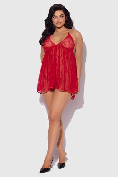 Kiki Lace & Faux Leather Drop Off Babydoll Set Red