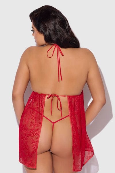 House of Desire Babydoll Kiki Lace & Faux Leather Drop Off Babydoll Set Red