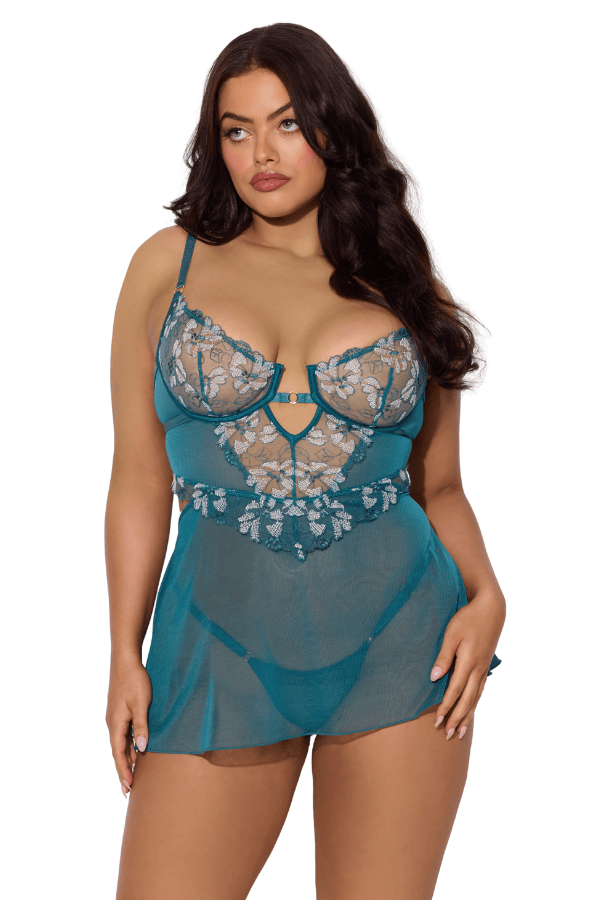 House of Desire Babydoll Nova Blacklight Lace Babydoll & G-String Set - Jade
