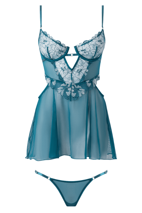 House of Desire Babydoll Nova Blacklight Lace Babydoll & G-String Set - Jade