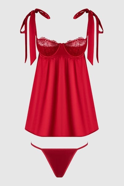 House of Desire Babydoll Rosalie Satin & Embroidered Lace Babydoll & G-String Set Red