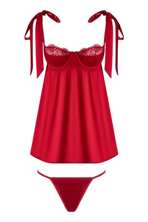 House of Desire Babydoll Rosalie Satin & Embroidered Lace Babydoll & G-String Set Red