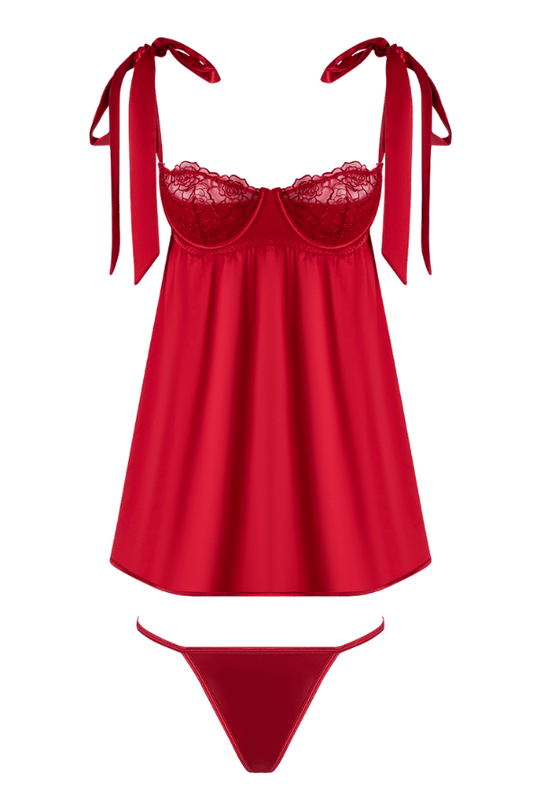Rosalie Satin & Embroidered Lace Babydoll & G-String Set Red