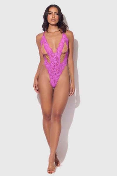 House of Desire Bodysuit Reanna Lace & Chain Deep Plunge Bodysuit Pink