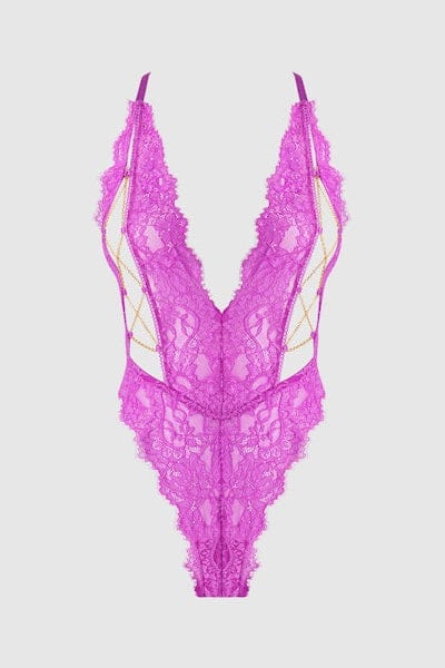 House of Desire Bodysuit Reanna Lace & Chain Deep Plunge Bodysuit Pink