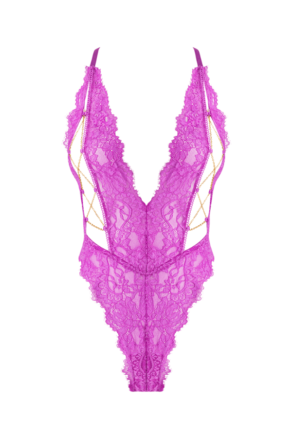 House of Desire Bodysuit Reanna Lace & Chain Deep Plunge Bodysuit Pink