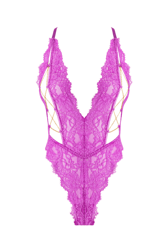 Reanna Lace & Chain Deep Plunge Bodysuit Pink