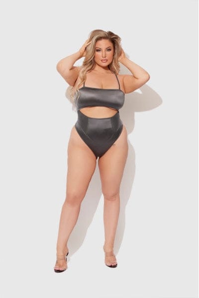 Zoe High Shine Cutout Scoop Back Bodysuit Dark Grey