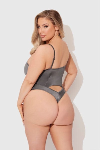 House of Desire Bodysuit Zoe High Shine Cutout Scoop Back Bodysuit Dark Grey