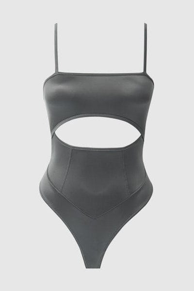 House of Desire Bodysuit Zoe High Shine Cutout Scoop Back Bodysuit Dark Grey