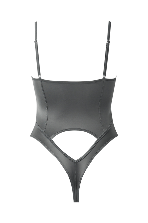 House of Desire Bodysuit Zoe High Shine Cutout Scoop Back Bodysuit Dark Grey