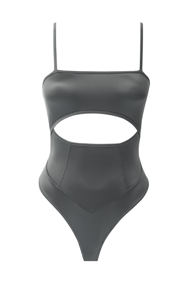 House of Desire Bodysuit Zoe High Shine Cutout Scoop Back Bodysuit Dark Grey