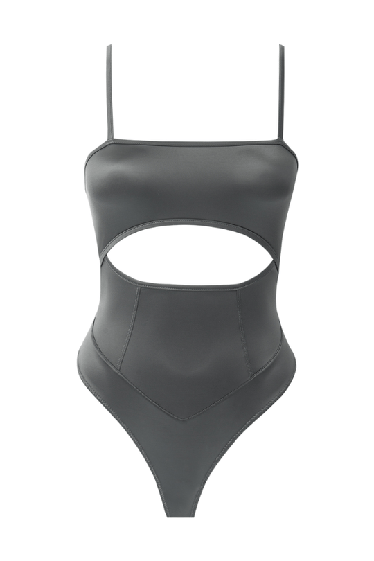 Zoe High Shine Cutout Scoop Back Bodysuit Dark Grey