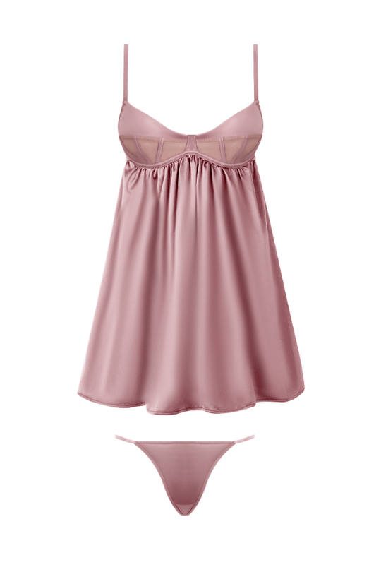 Brigeta Satin & Mesh Corsetted Babydoll & G-String Set - Mauve