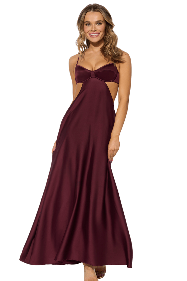 House of Desire Brigeta Satin Mono Wire Long Gown - Burgundy