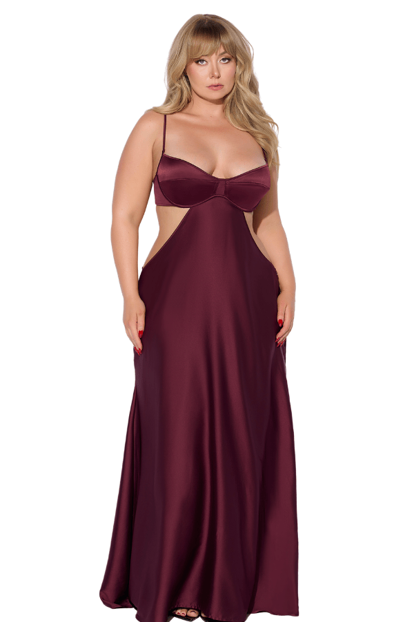 House of Desire Brigeta Satin Mono Wire Long Gown - Burgundy