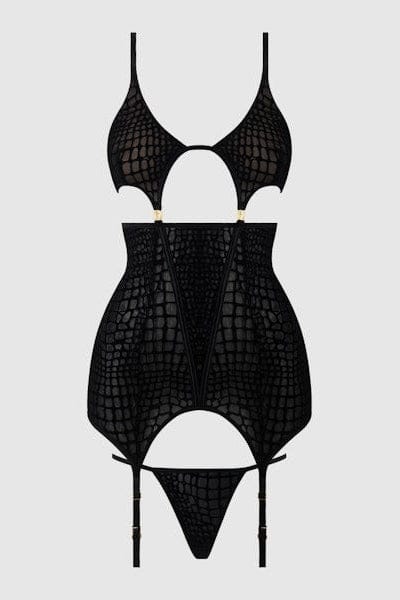 House of Desire Chemise Snake Velvet-Burnout Mesh Chemise & G-String Set Black