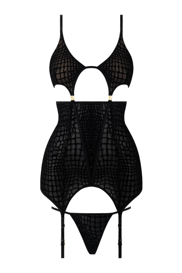 House of Desire Chemise Snake Velvet-Burnout Mesh Chemise & G-String Set Black