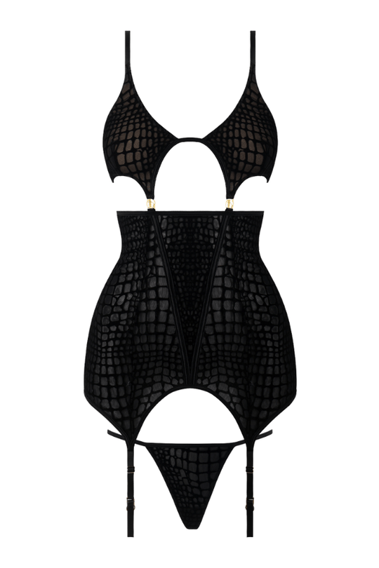 Snake Velvet-Burnout Mesh Chemise & G-String Set Black