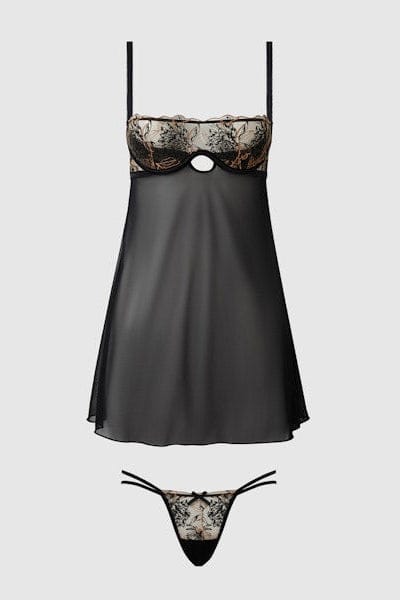 House of Desire Delilah Embroidered & Mesh Monowire Babydoll Set Black