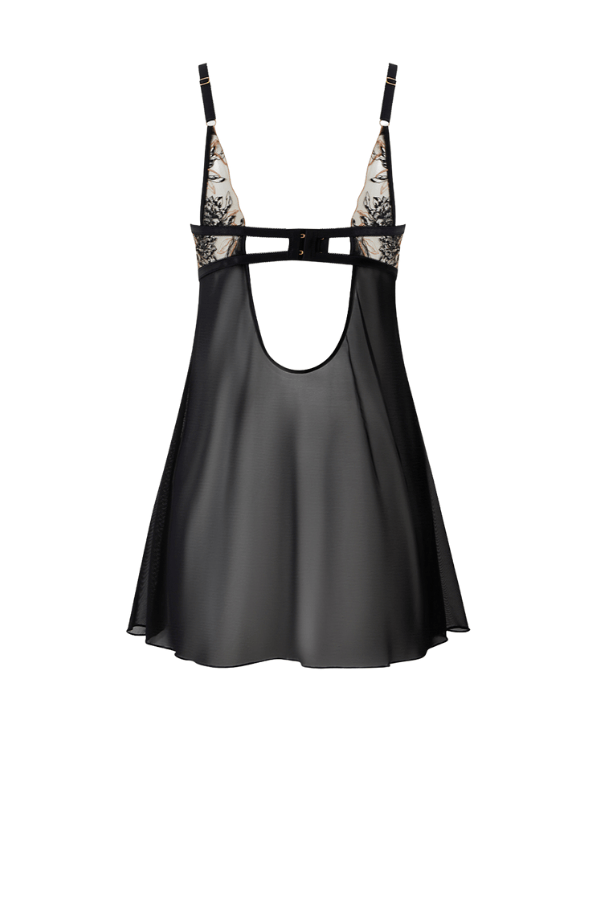 House of Desire Delilah Embroidered & Mesh Monowire Babydoll Set Black