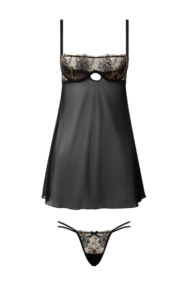 House of Desire Delilah Embroidered & Mesh Monowire Babydoll Set Black