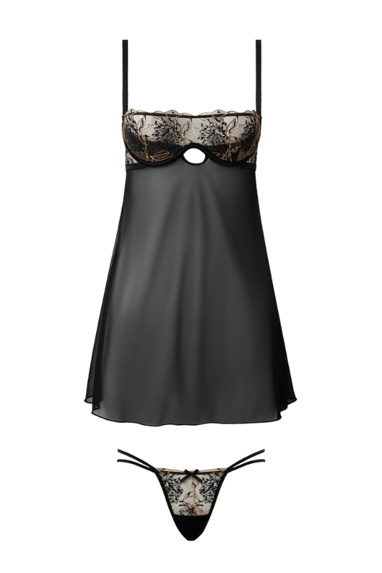 Delilah Embroidered & Mesh Monowire Babydoll Set Black