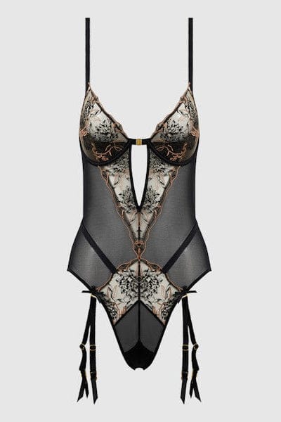 House of Desire Delilah Embroidered Open Back Teddy Black