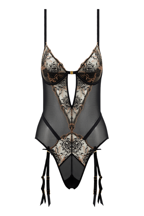 House of Desire Delilah Embroidered Open Back Teddy Black