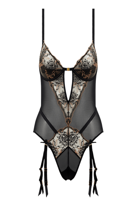 Delilah Embroidered Open Back Teddy Black