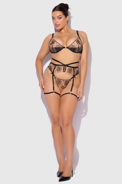 Delilah Embroidered Push Up Bra, Garter & Thong Set Black