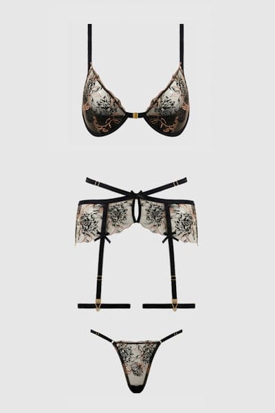 House of Desire Delilah Embroidered Push Up Bra, Garter & Thong Set Black