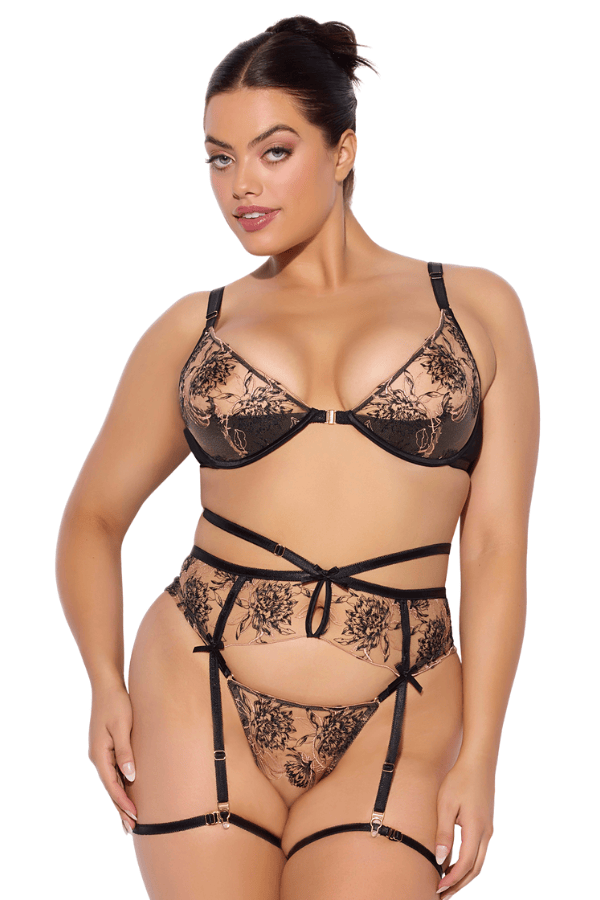 House of Desire Delilah Embroidered Push Up Bra, Garter & Thong Set Black