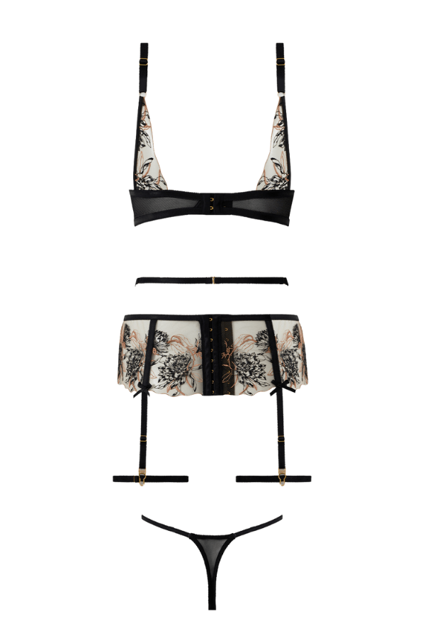 House of Desire Delilah Embroidered Push Up Bra, Garter & Thong Set Black